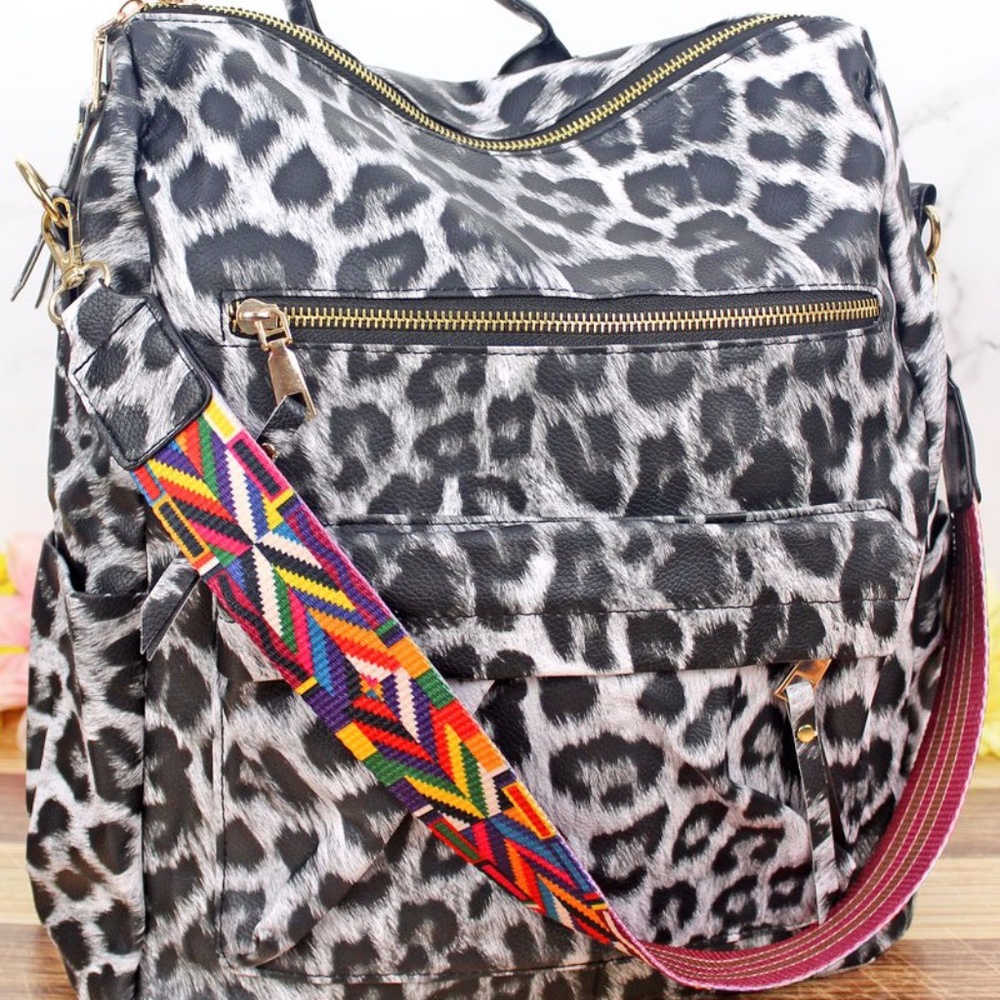 WHITE LEOPARD BACKPACK TOTE AZTEC STRAP